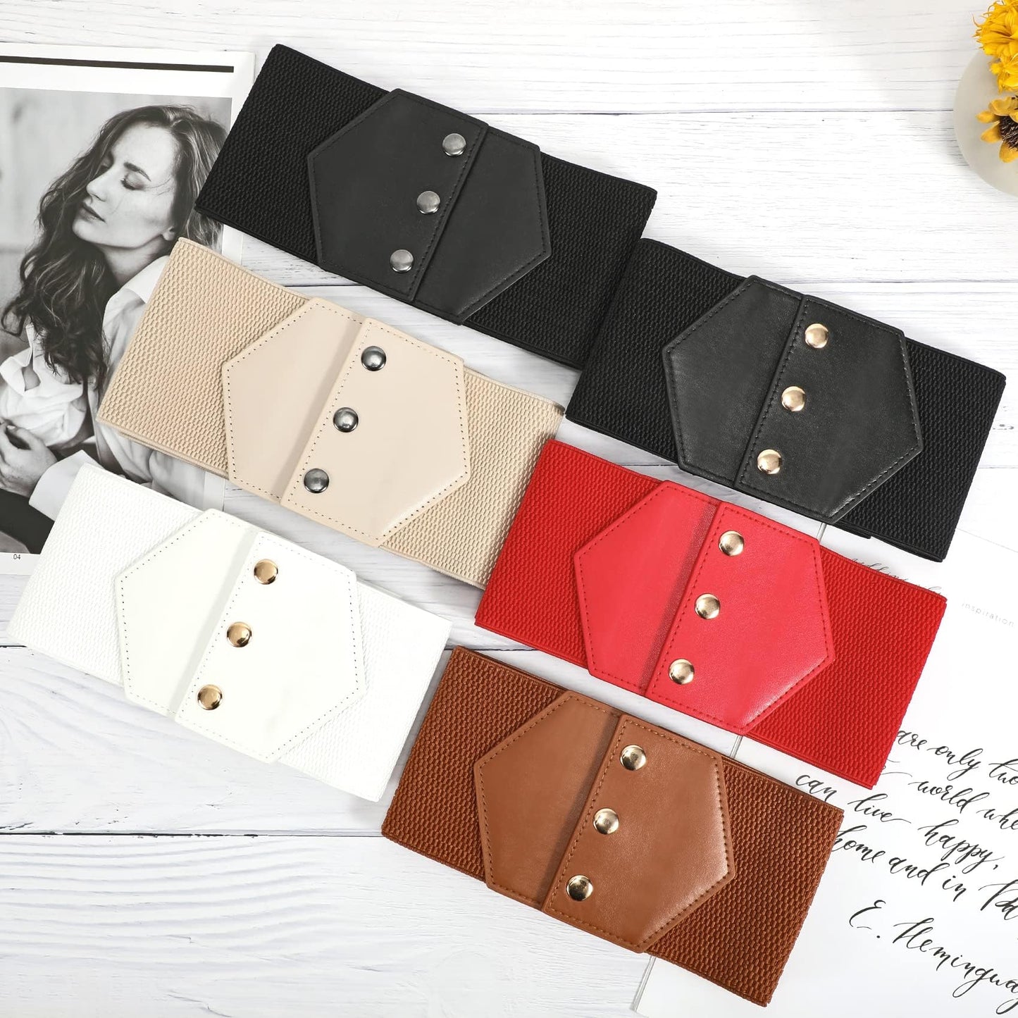 WHIPPY Women Wide Elastic Belts for Dress Snap-Button Stretch Corset Belt Ladies Stretchy Waistband Black Gold Buckle S