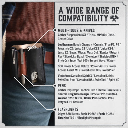 Made in USA Leather EDC Pouch | Leather Multitool Sheath/Holster for Men | Belt Clip/Pocket Organizer for Leatherman, Gerber & SOG Multitools | Knife/Multi Tool & Flashlight & Pen Holder