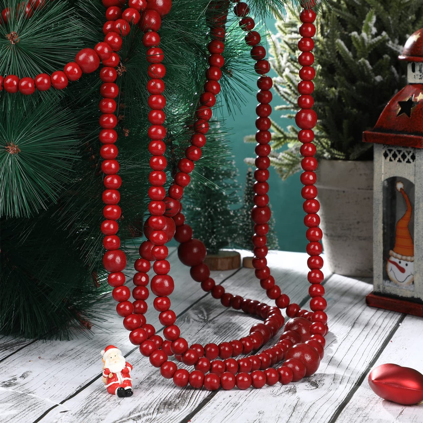 12 Feet Summer Christmas Wooden Beads Garland Round Craft Farmhouse Vintage Christmas in July Wood Bead Garlands for Xmas Supplies(Dark Red)