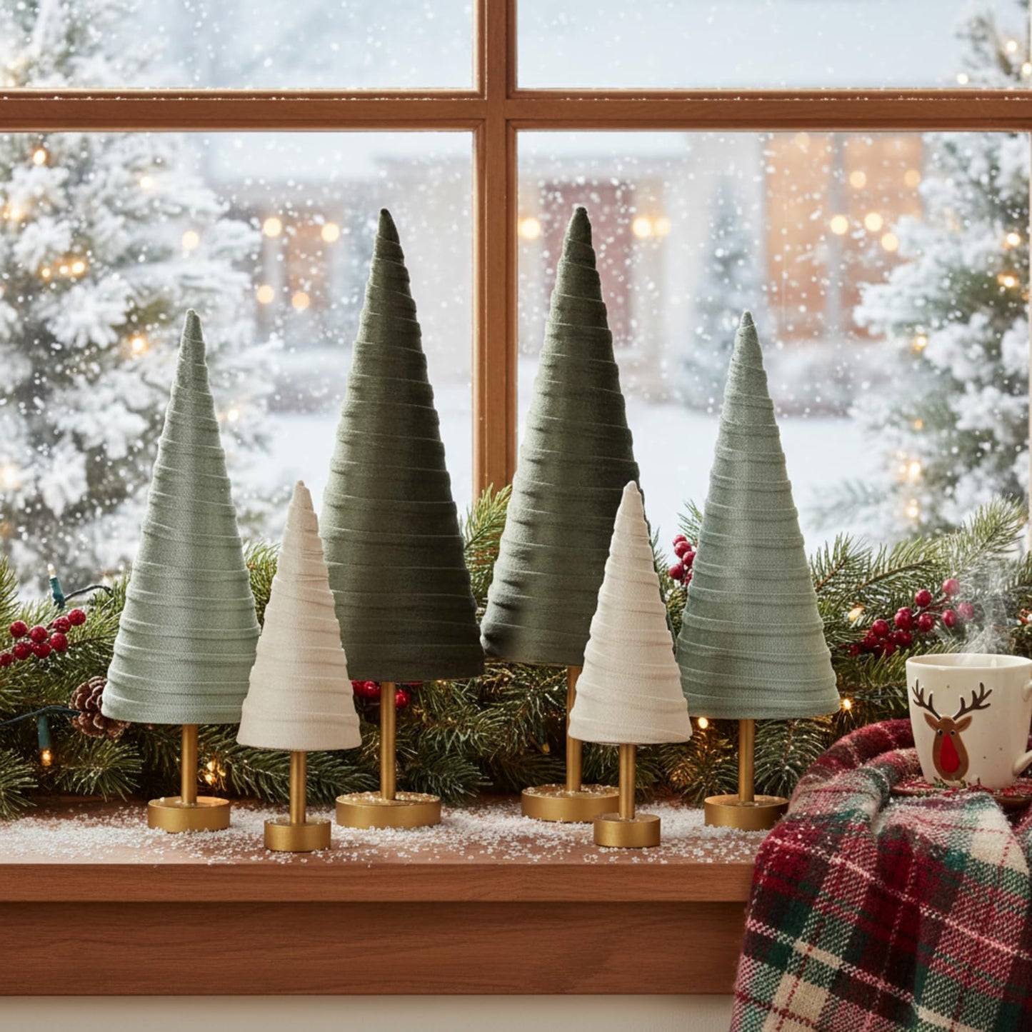Hoolerry 6 Pcs Christmas Velvet Trees with Gold Pedestal Christmas Velvet Cones Tree Mantel Decor Modern Rustic Winter Home Minimalist for Holiday Entryway Table Wedding Centerpiece(Brown Green)