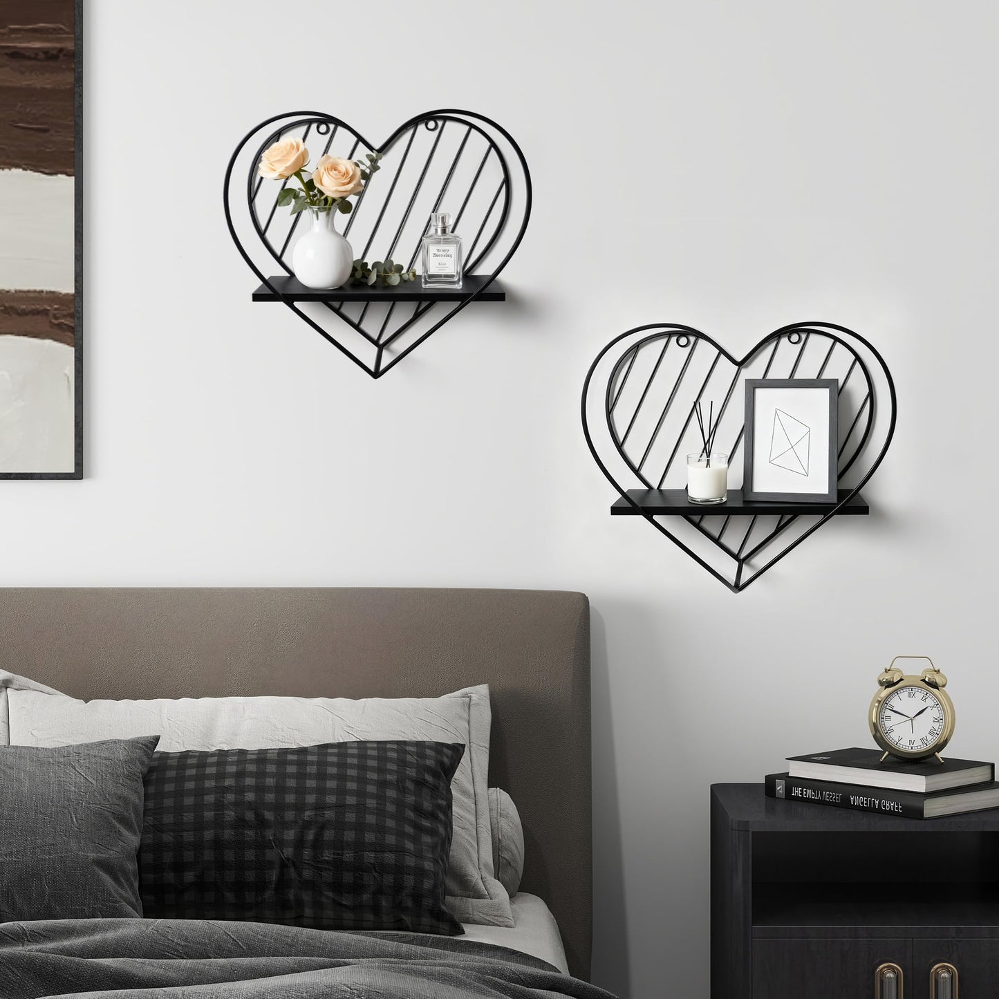 Afuly Floating Shelves - Black Wall Shelf, Heart Shaped Modern Minimalist Storage Rack Organizer for Bedroom, Bathroom, Living Room Home Decor