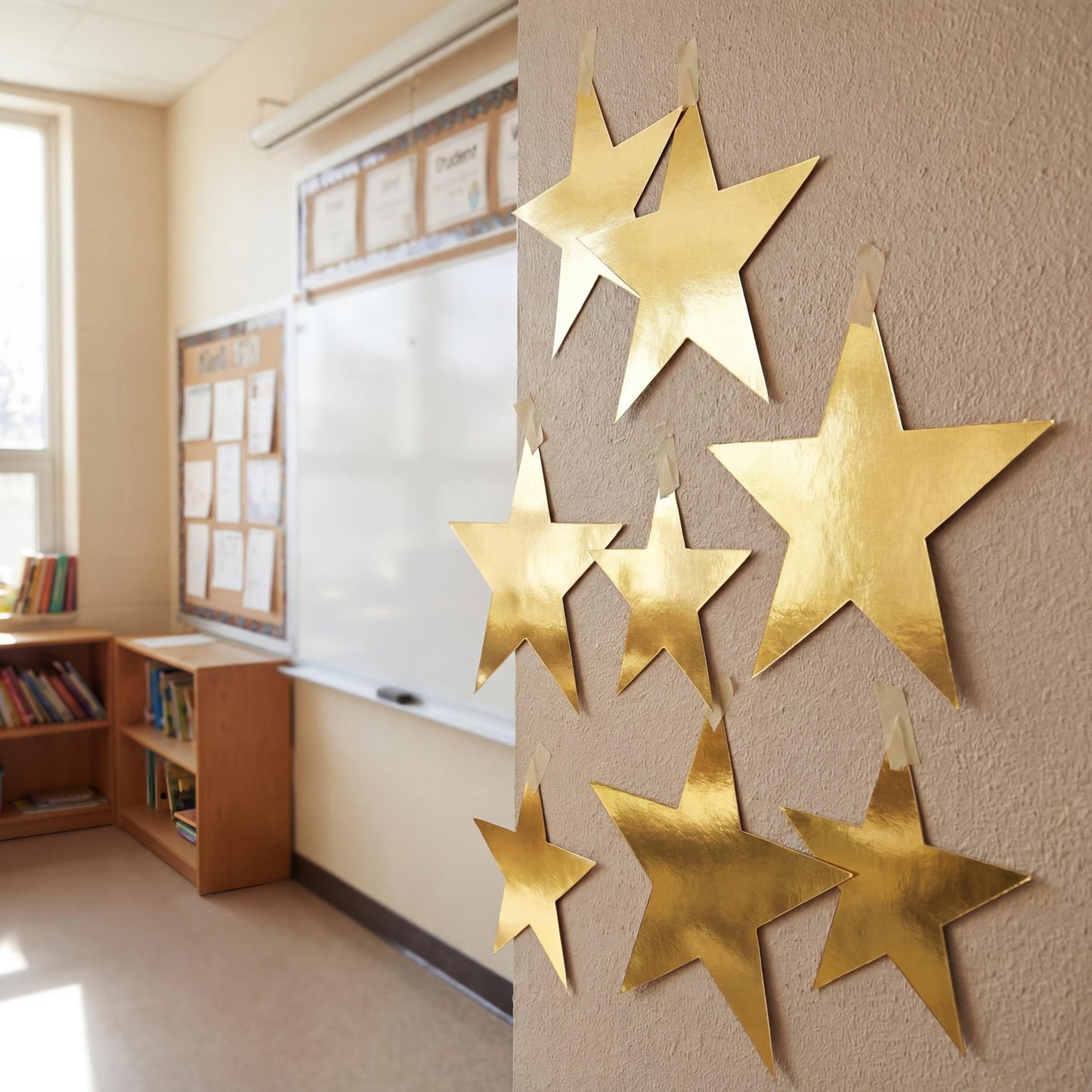 Outus 48 Pieces 11 Inch Large Gold Stars Cutouts Gold Stars Decoration Double Printed Paper Star for Movie Night Bulletin Board Decoration, Classroom Wall Party Decor Back to Shcool Party Decor