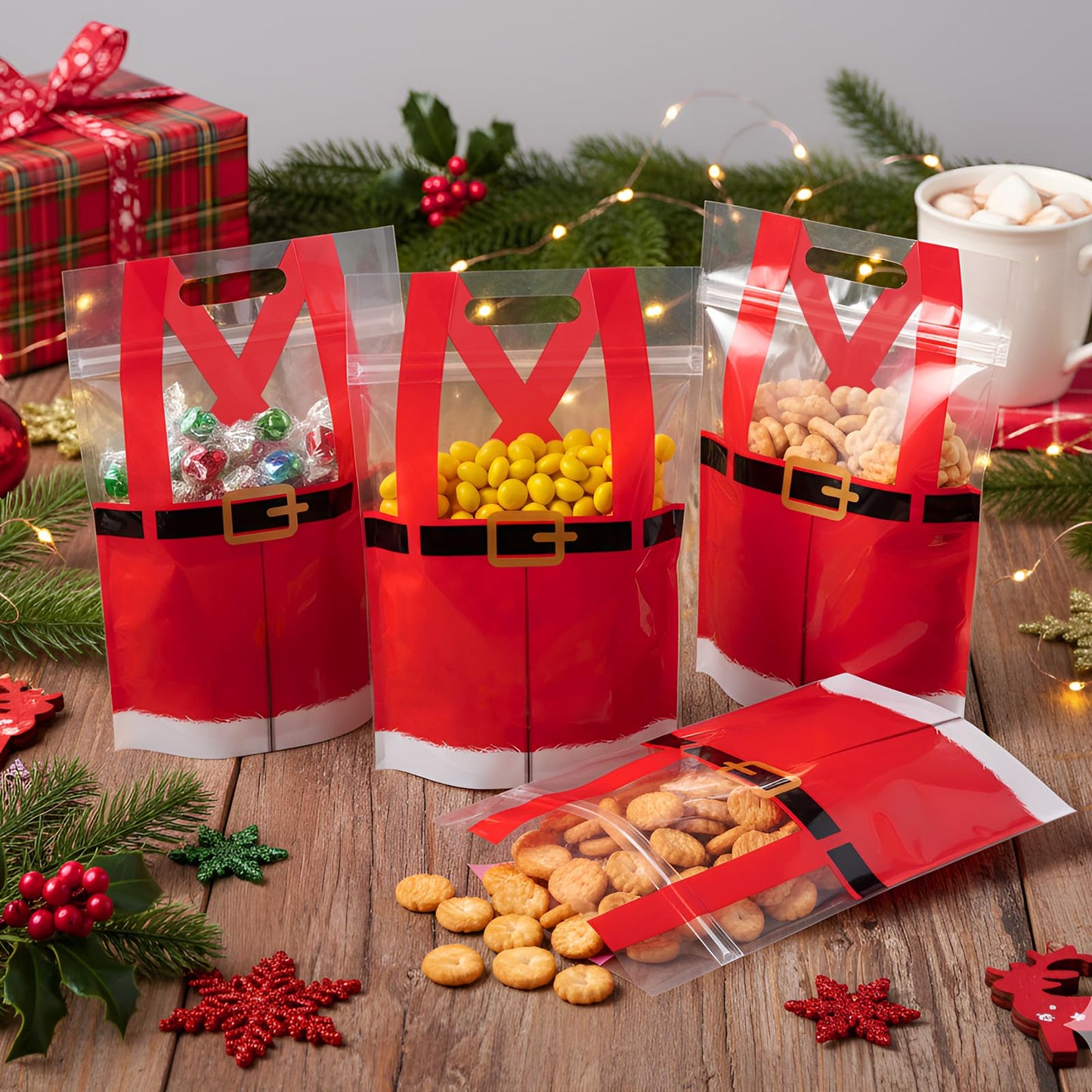 Shemilly 60pcs Christmas Treat Bags,Christmas Plastic Resealable Candy Gift Bag with Handle,Transparent Santa Pants Sealing Goodie Pouch for Xmas Winter Holiday Party Favors Decorations,9X6inch