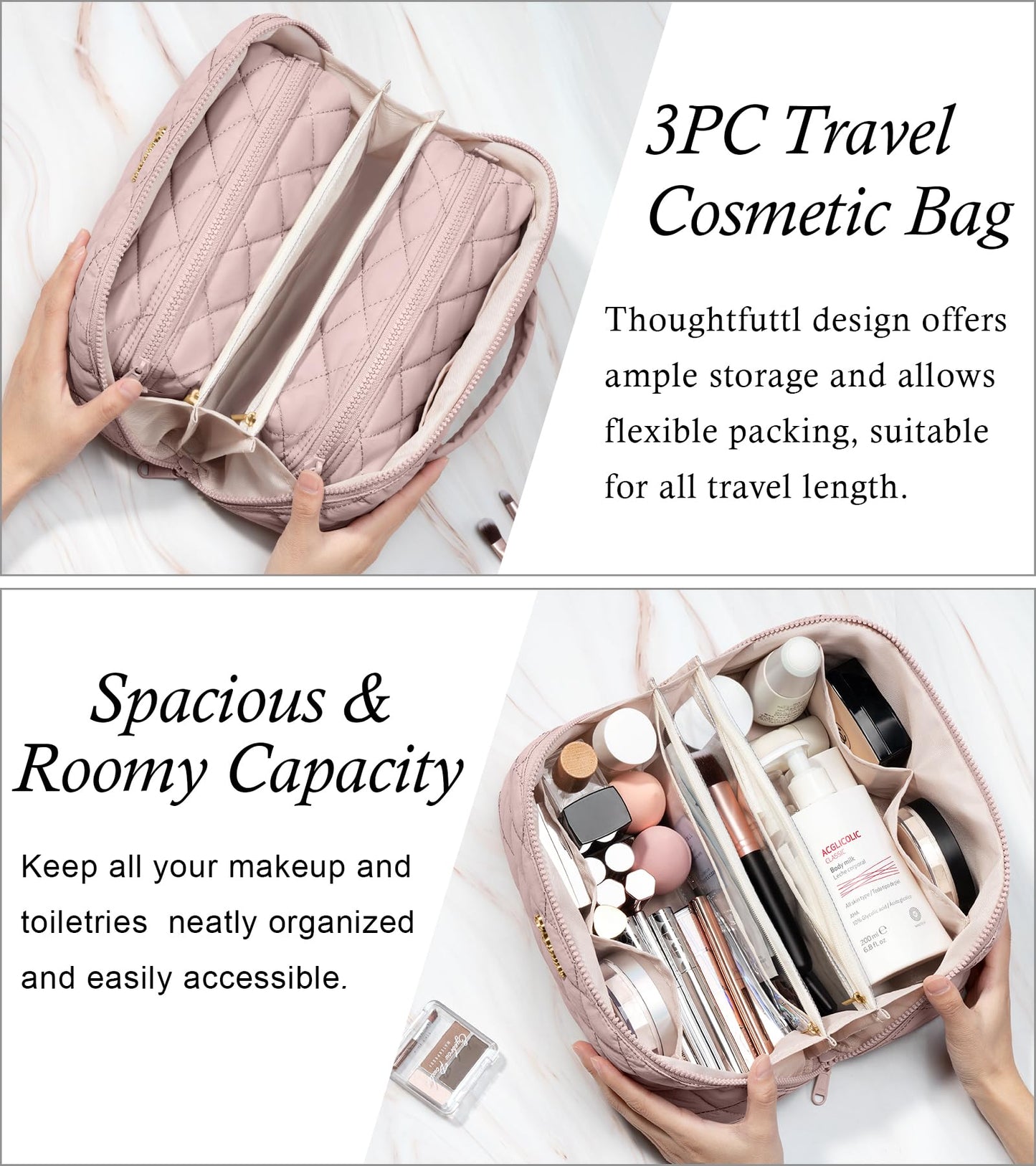 Travel Makeup Bag, 3 Pcs Large Capacity Puffy Toiletry Bag for Women, Open Flat Make up Cosmetic Organizer w/Handle & Clear Divider Water-resistant Portable Pouch Travel Essentials, L-Light Pink