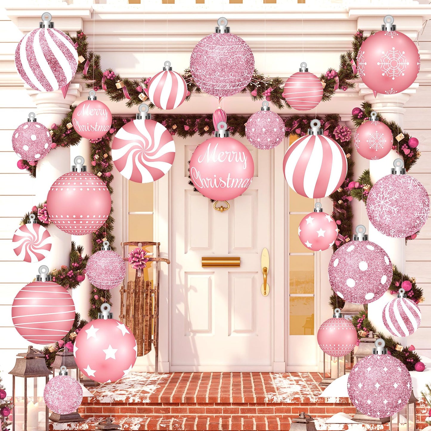 Huwena 24 Pcs Christmas Decorations Outdoor Christmas Hanging Ornaments Peppermint Candy Yard Signs Double Sided Lawn Decorations Peppermint Ornaments for Xmas(Pink)