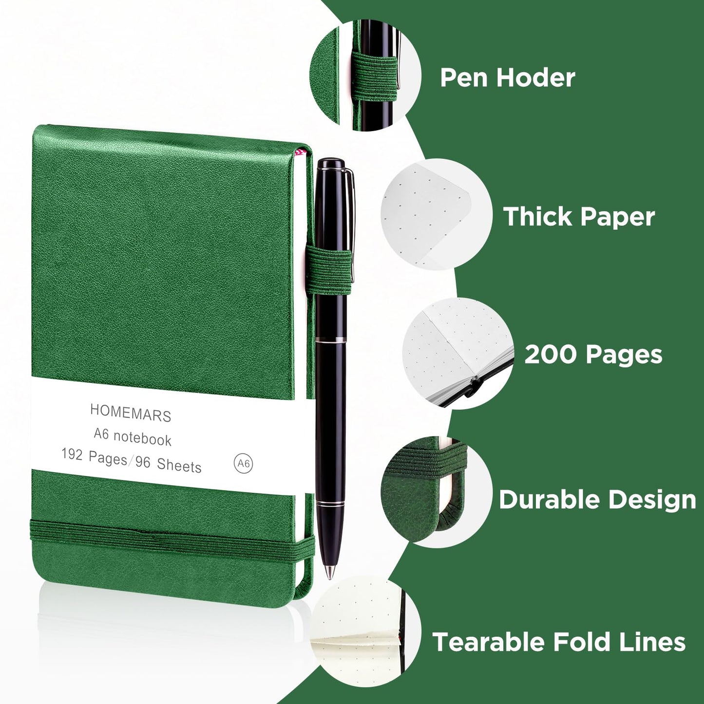 HOMEMARS Small Notebook, Pocket Notebook, Note Pads,3 Pack, Notebook A6, Blank Notepad,3.74" x 5.83"Leather, Black, Green, Yellow,200 Pages Each, Hardcover, Mini Journal Notepad