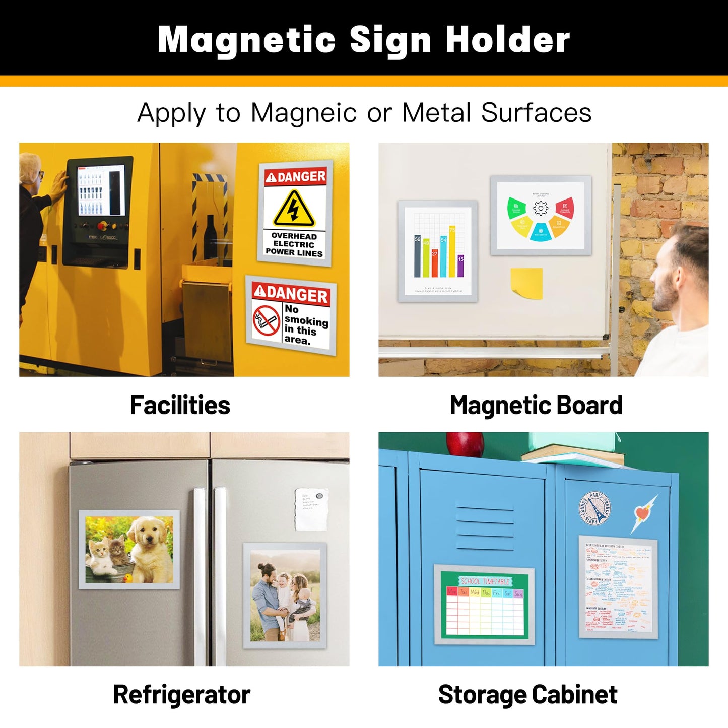VAIIGO 10Packs Magnetic Frames for Refrigerator & Metal Surfaces - 8.5x11 Magnetic Sign Holder - File/Paper/Document Holder with Photo/Picture/Poster Frame for Commercial/Home Use (Silver)