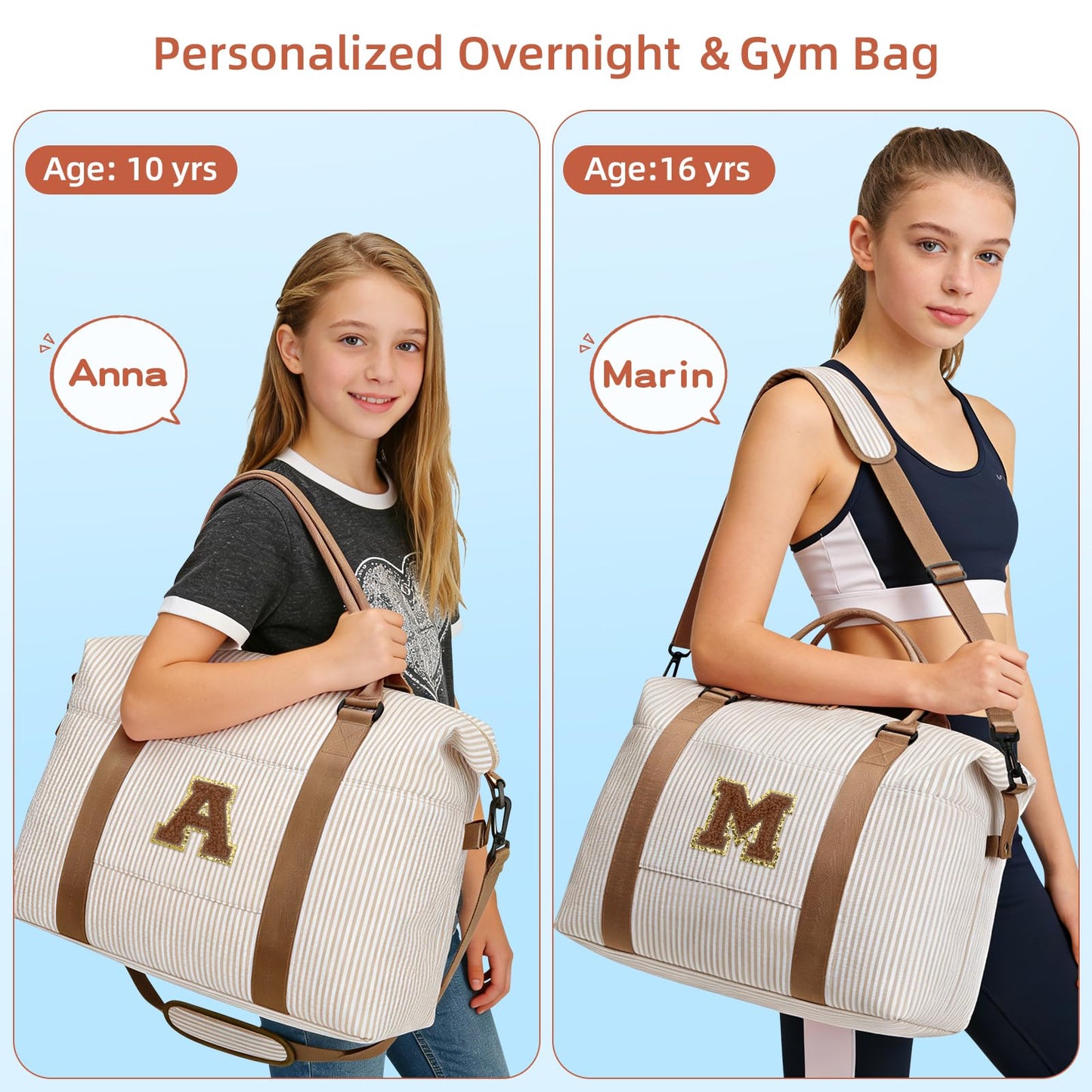 Birthday Gifts for Teen Girl, Personalized Dance Travel Duffel Bag for Girls Women, Cute Initial Overnight Weekender Gym Bag with Makeup Pouch（Khaki,A)