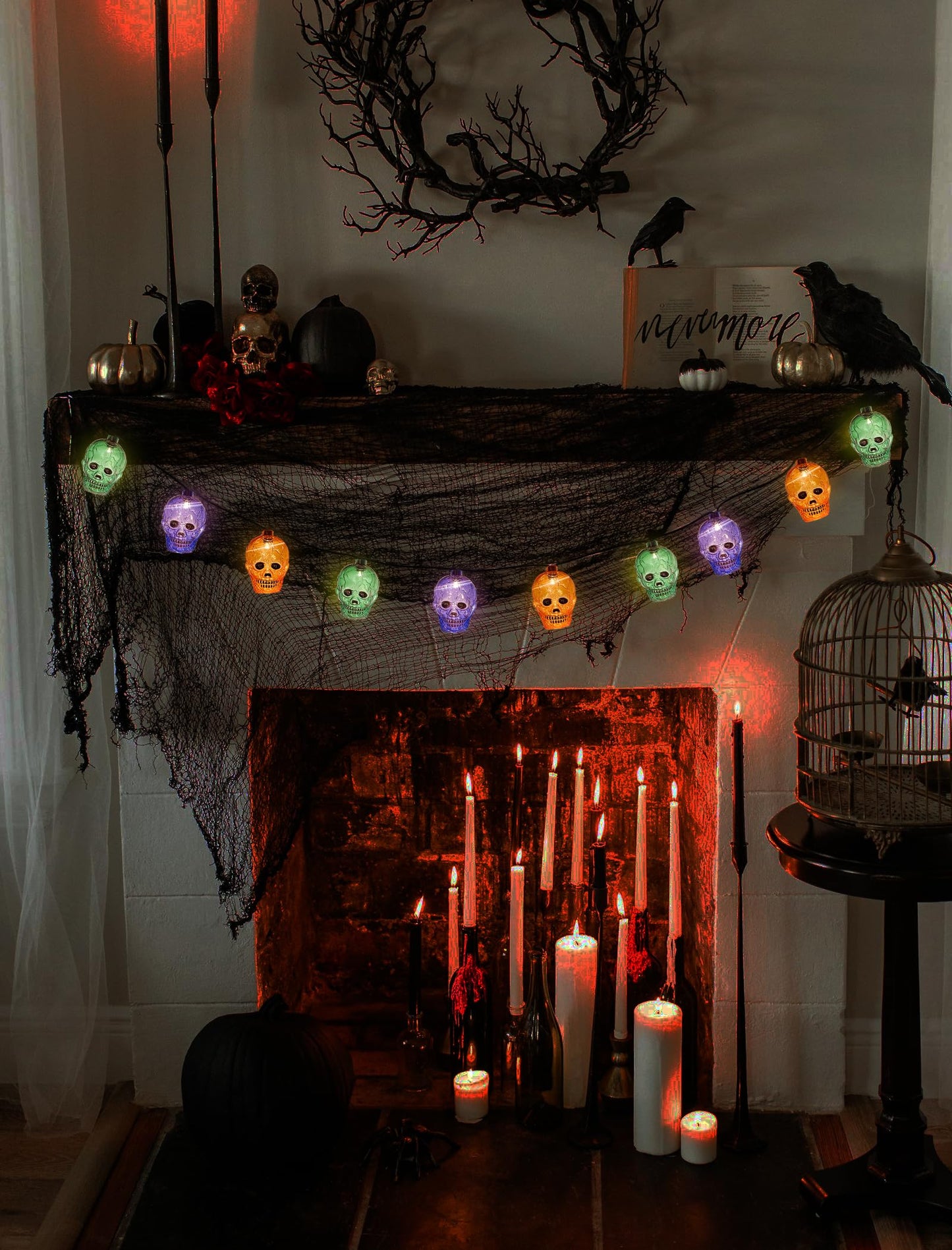 Halloween Skull String Lights Outdoor, 8.5Ft Ghost Head Lights with 10 LED Orange Green Purple Skull Head Lights, Hanging Halloween Decoration Skeleton Light for Patio, Porch, House, Party Decorations