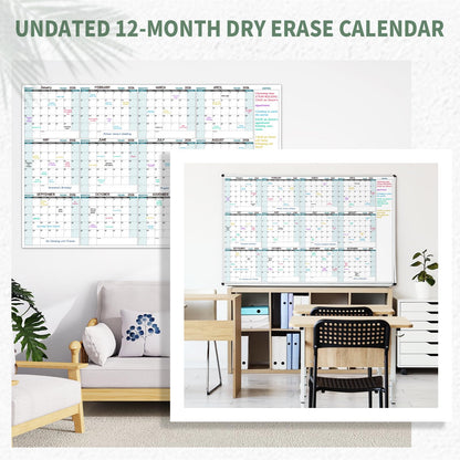 Large Dry Erase Calendar for Wall – Yearly Wall Calendar Dry Erase, 58" x 37", 12-Month Undated Blank Calendar Planner, Reusable Laminated with 15 Round Stickers, Perfect Large Wall Calendar for Office, Home and Classroom