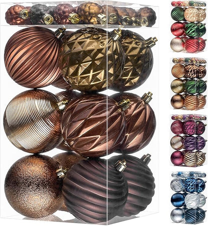JORNOY Brown Christmas Tree Ornaments - 3.12inch/80mm Shatterproof Ornaments for Christmas Tree Set Plastic Decorative Hanging Balls Ornaments for Xmas Tree Decorations, 32ct (Brown)