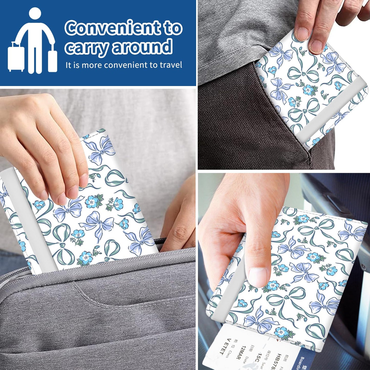 NUGGHU Passport Holder for Travel Essentials, Leather RFID Blocking Passport Wallet Cover Case, Cute Passport Book Holders for Women and Men Blue Bowtie