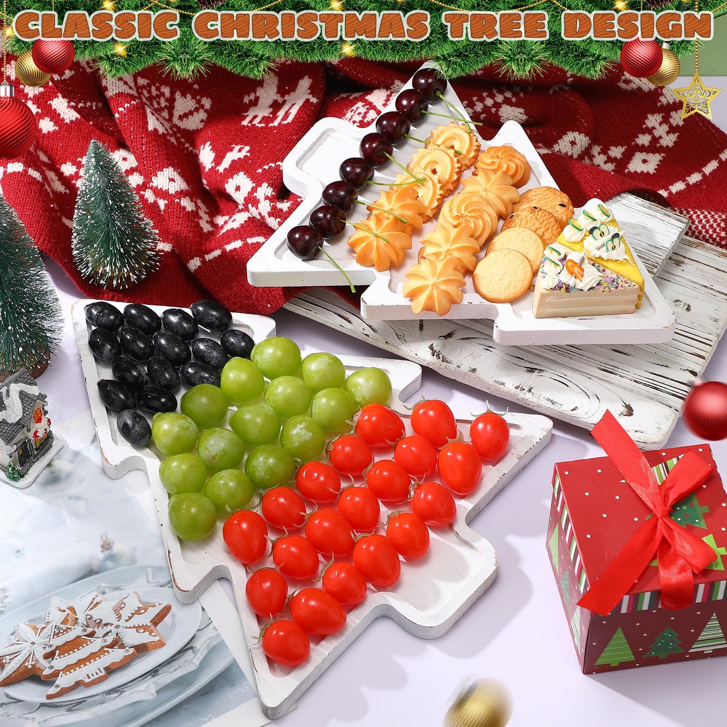 Amyhill Wood 2-Tiered Christmas Tree Tray Cupcake Stand Dessert Display Holiday Serving Platters Xmas Wooden Charcuterie Board for Snacks Food Fruit Appetizers Desserts Cookies(Distressed White)
