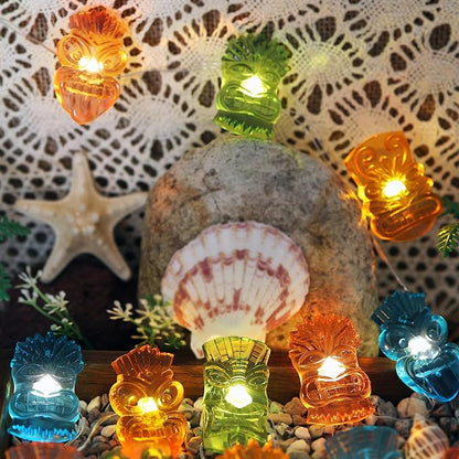 Tiki Mask String Lights Outdoor Waterproof 7FT 20PCS, Tropical Hawaiian Luau Party Lights Battery Operated LED with Remote Control, Patio Garden Porch Yard Pool BBQ Tiki Bar Summer Decorations