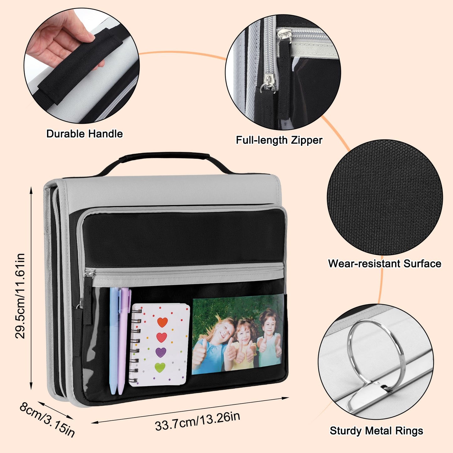 Ndsox Zipper Binder 3 Ring with Handle, 2 Inch O-Ring Document Organizer Middle School Binder with Zipper for Students, 5-Tab Expanding File Folder & 2 Mesh Pouches, DIY Clear Front Pocket, Black