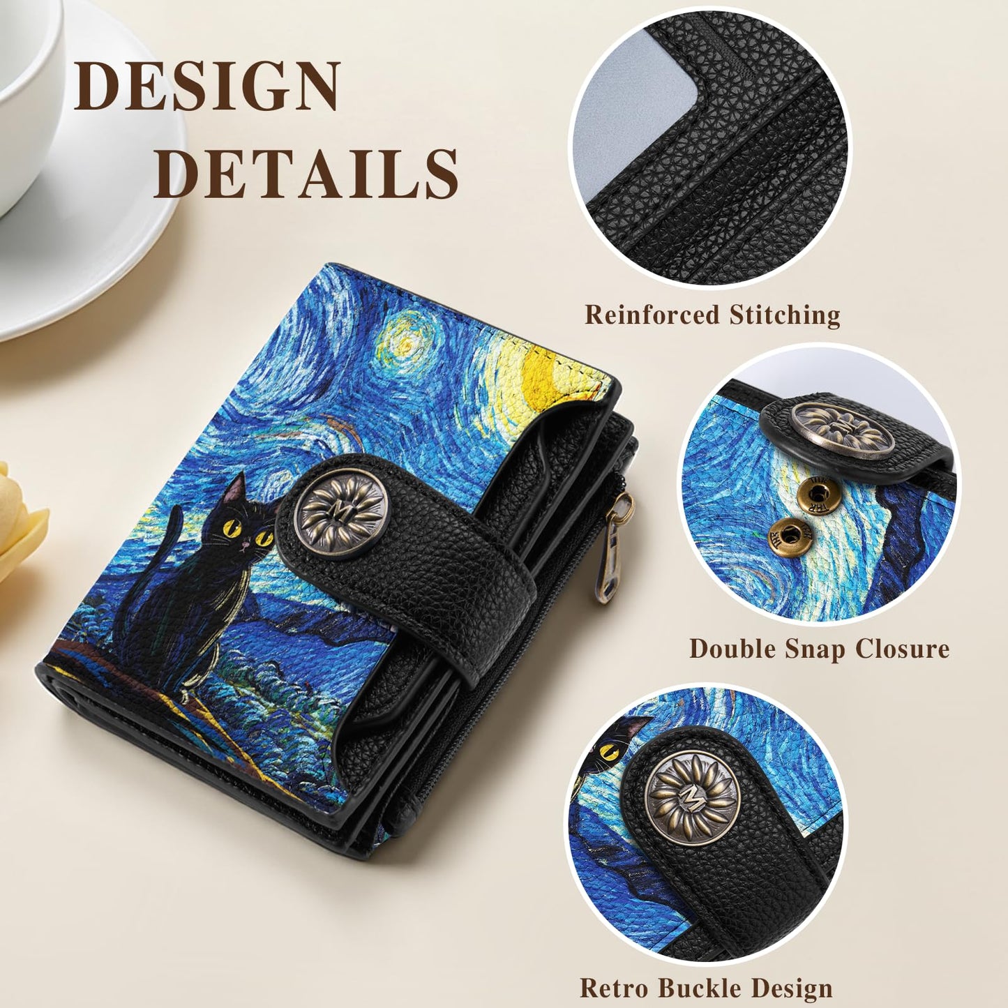 Mayski Starry Night Cat Small RFID Wallet Women, PU Leather Bifold Zipper Coin Pocket Compact Cash Credit Card Holder Purse, Cute Travel Wallet for Female Ladies Teen Girls, 4 ID Window 14 Card Slots
