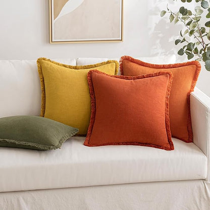 MIULEE Fall Decorative Throw Pillow Covers Neutral Linen Fringe Throw Pillows Set of 2 Orange Boho Farmhouse Cushion Covers with Tassels for Couch Sofa Bed Living Room Spring Home Decor 20x20 Inch