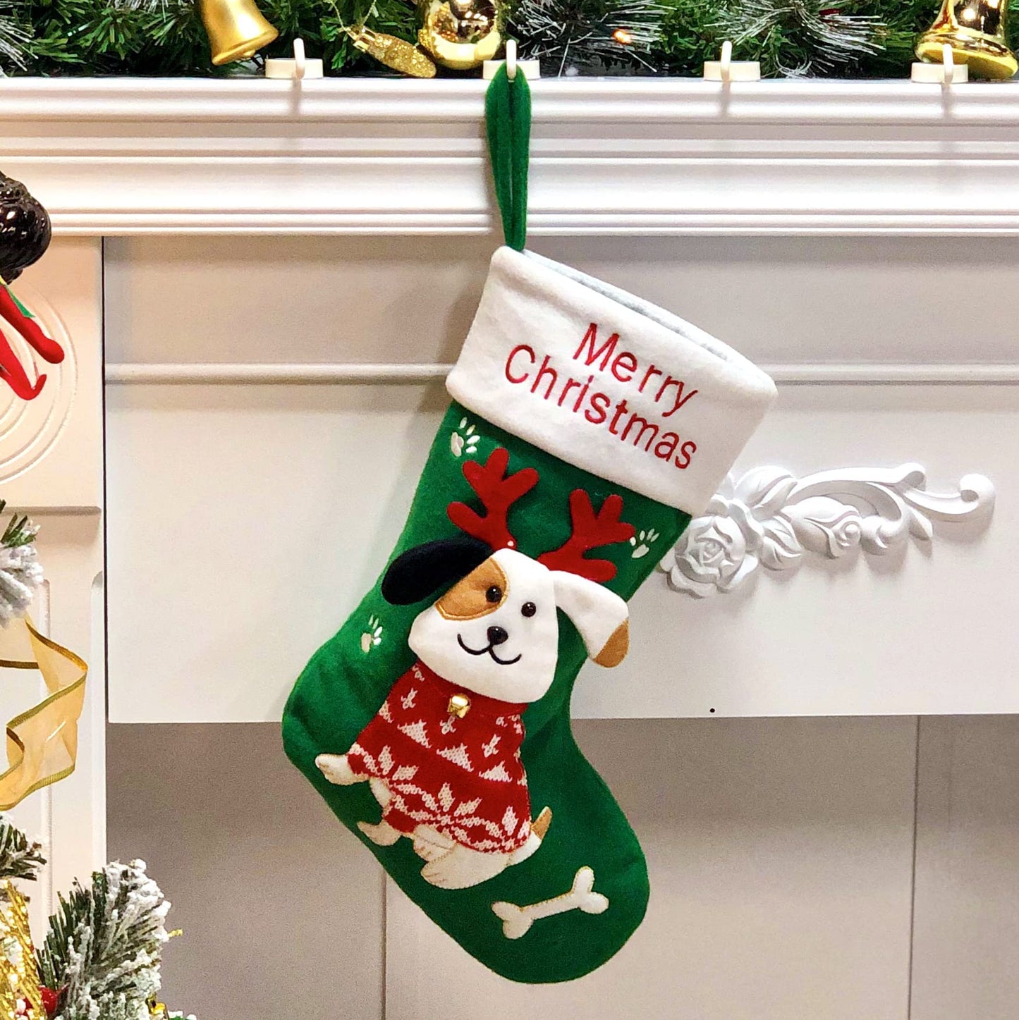 Hopearl 16'' Dog Christmas Stocking 3D Pet Holder Puppy Ornament Gifts Bags for Pets Decoration Holiday Party Supply Seasonal Ornament, Green