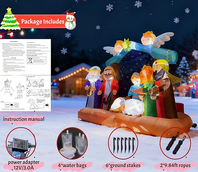 Christmas Inflatable Nativity Scene - 7ft Outdoor Indoor Decoration with LED Lights, Blow Up Yard Decor for Xmas Holiday, Nativity Set Includes Holy Family, Three Kings, Angel & Sheep