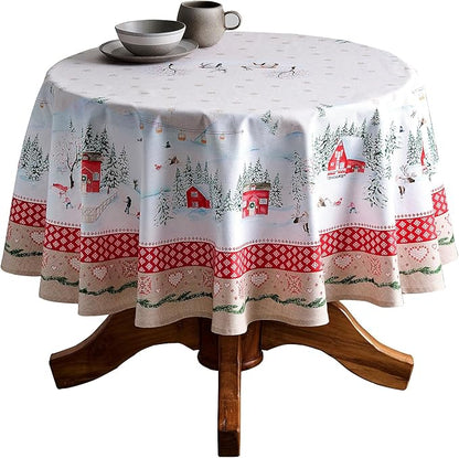 Maison d' Hermine Table Cloth Round Table 100% Cotton 69 Inches Fall Tablecloth Reusable Everyday Use for Thanksgiving Christmas Decorations Dining Farmhouse Party (Rural Christmas)