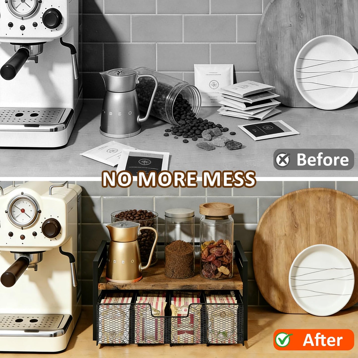 Tea Bag Holder, Tea Bag Organizer and Storage with Drawers, Tea Bags Organizer Natural Wood & Metal with 8 Compartments, Multi-Purpose Tea Rack Teabag Station Chest for Countertop, Kitchen, Office