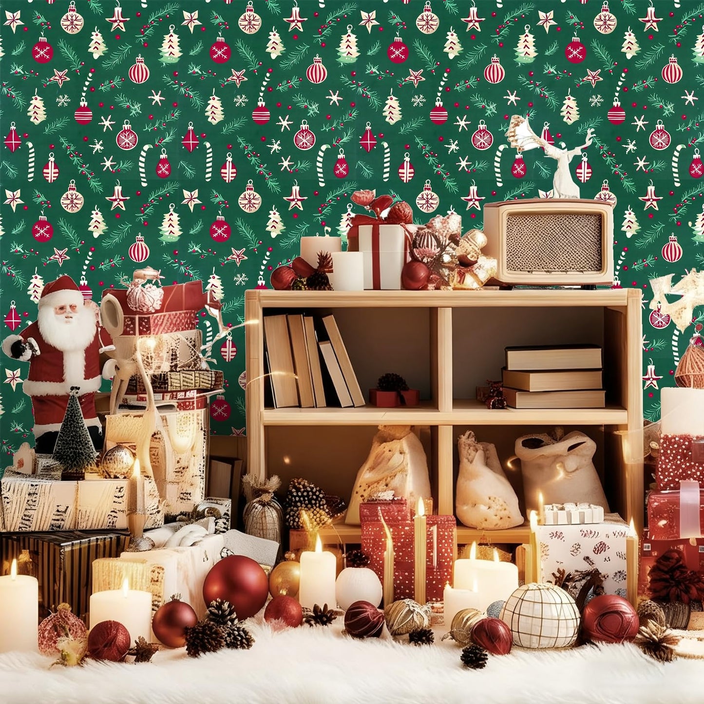 Peel and Stick Wallpaper Christmas Trees, Ornaments & Candy Canes Contact Paper Holiday Removable Self Adhesive Vinyl Christmas Decor Wall Paper for Living Room Kitchen Bedroom 17" x 196.8"