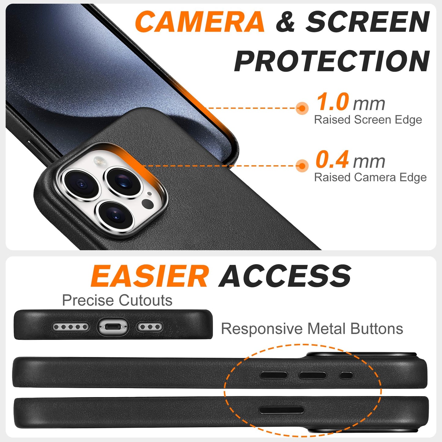 SHIELDON Genuine Leather Case for iPhone 15 Pro 6.1", Magnetic Wireless Charging - Slim Fit - Non-Slip - Metal Buttons - Shockproof Protective Phone Case Compatible with iPhone 15 Pro 2023 - Black