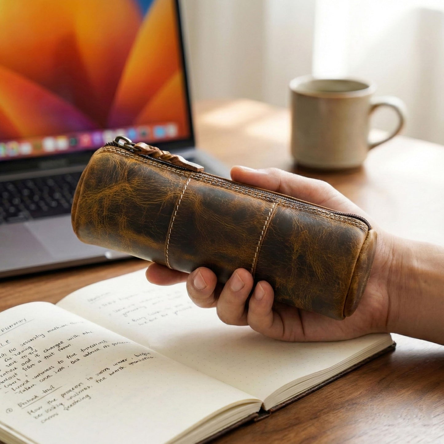 LEATHER TOWN Leather Pencil Case - Full Grain Leather Zippered Pen Pouch - Bag Pen Holder for Work & Office (Antique Brown)