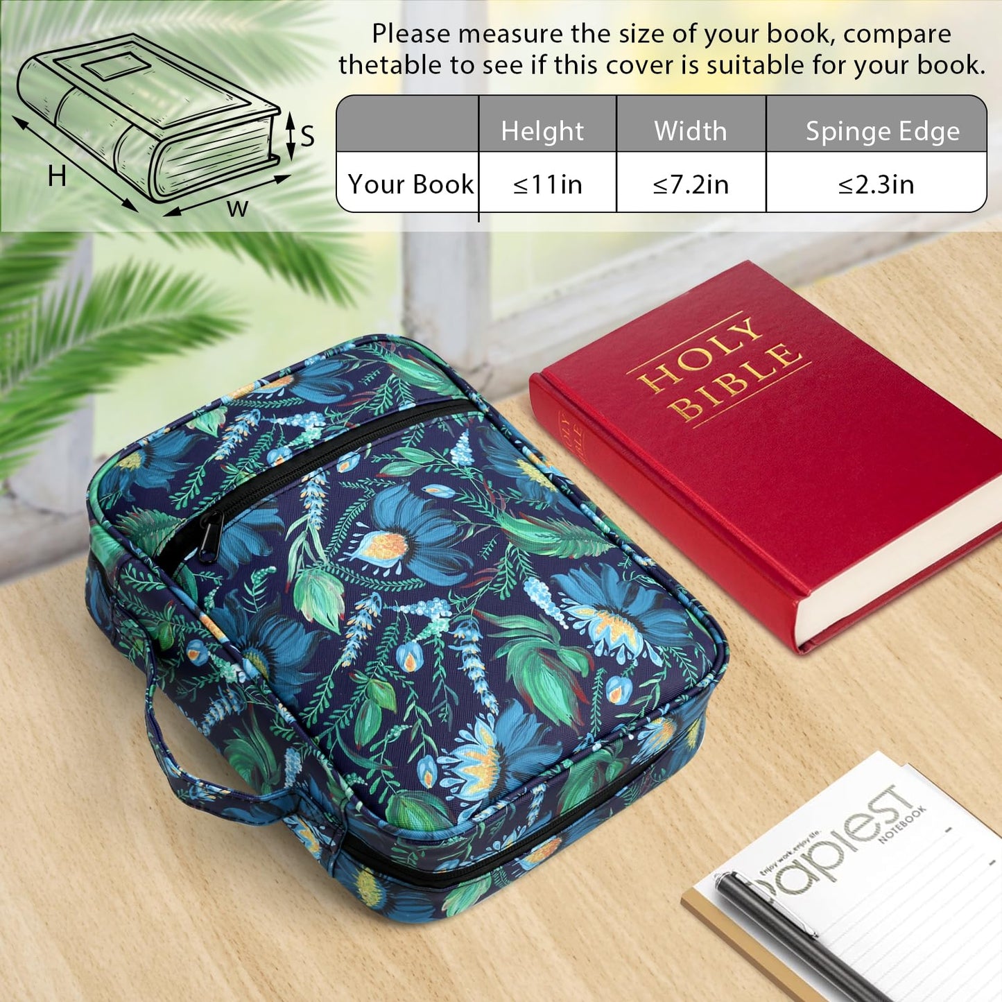 Bible Cover with Durable Handle, Carrying Book Case Church Bag Bible, Protective with Zippered Pocket, Bible Study Accessories Supplies, Book Protector for Book Lovers, DarkBlue