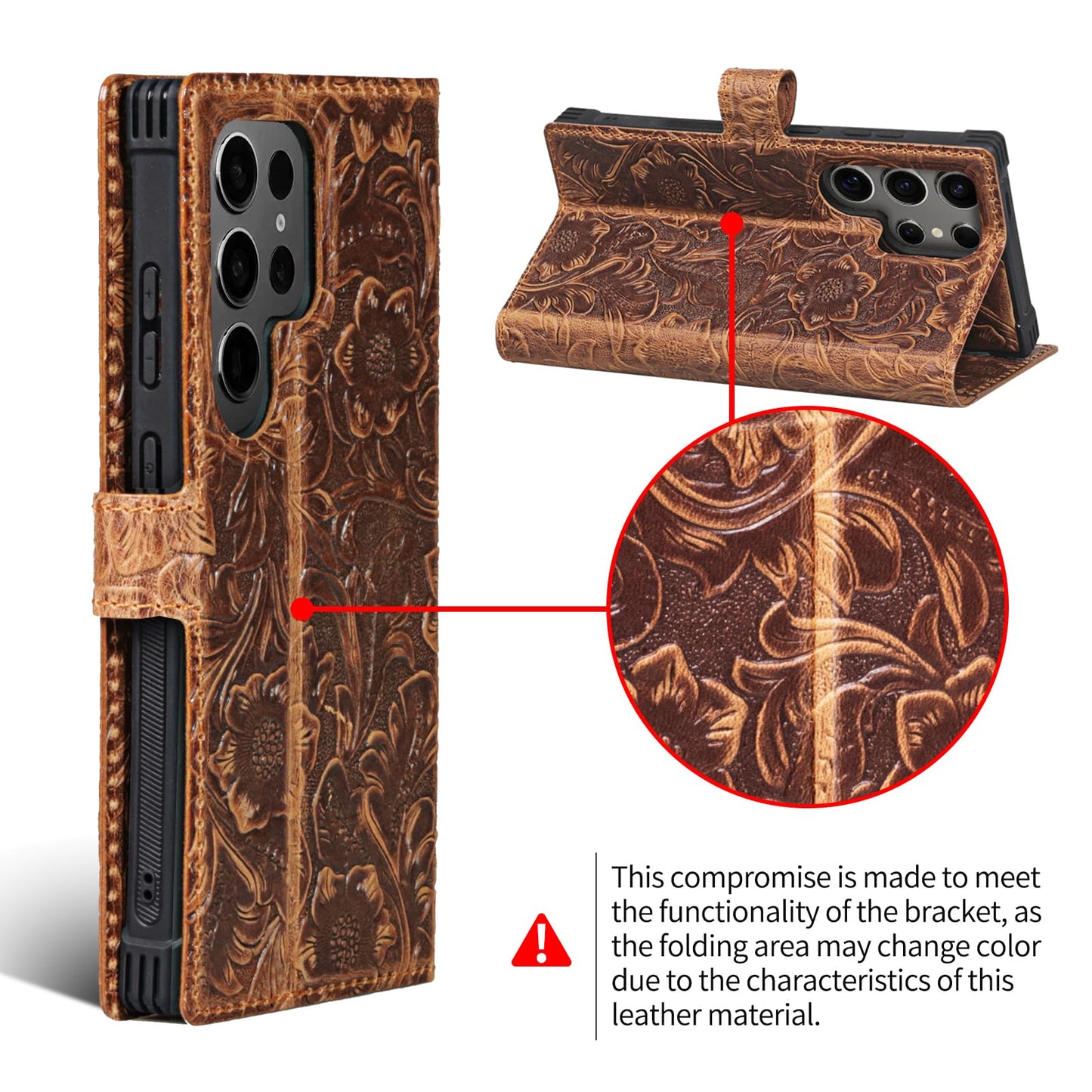RMAWRAD Leather Case Wallet Compatible with Samsung Galaxy S24 Ultra,Genuine Leather2-in-1Magnetic Detachable Shockproof,Flip Folio Cover with Card Slot, RFID Blocking Dark Brown