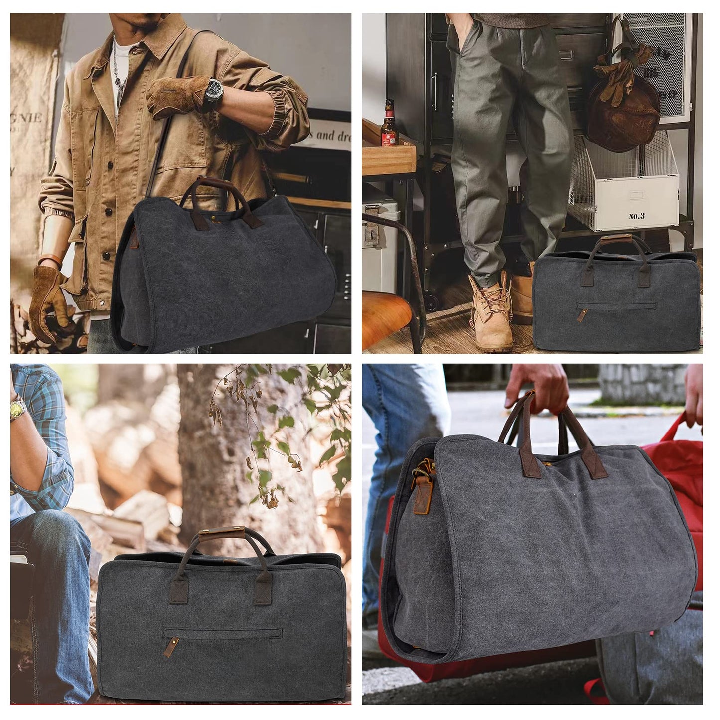 2 in 1 Suit Garment Duffle Convertible Carry-on Bag With Canvas Leather Shoulder Strap for Travel, Business Trips, Storage - Hangding Suit, Clothes, Dresses, Shoes (Black)