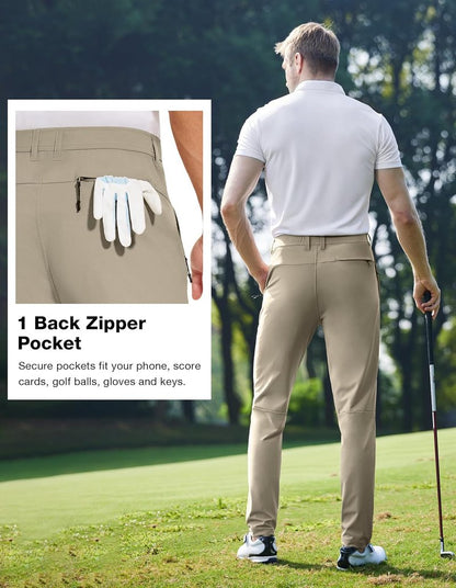 Golf Pants for Men - Lightweight Stretch Slim Fit Hiking Trousers with Zipper Pockets | Casual Tapered Design