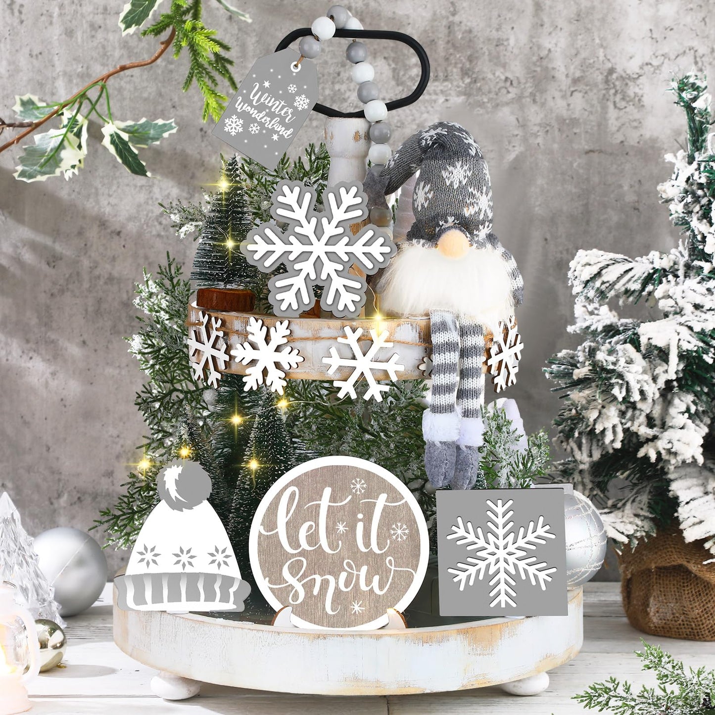 Soaoo 16 Pcs Winter Tiered Tray Decor Snowflake Rustic Gnome Plush Winter Tray Decor Wood Table Signs for Holiday Table Centerpieces Home Decorations(Silver Gray)