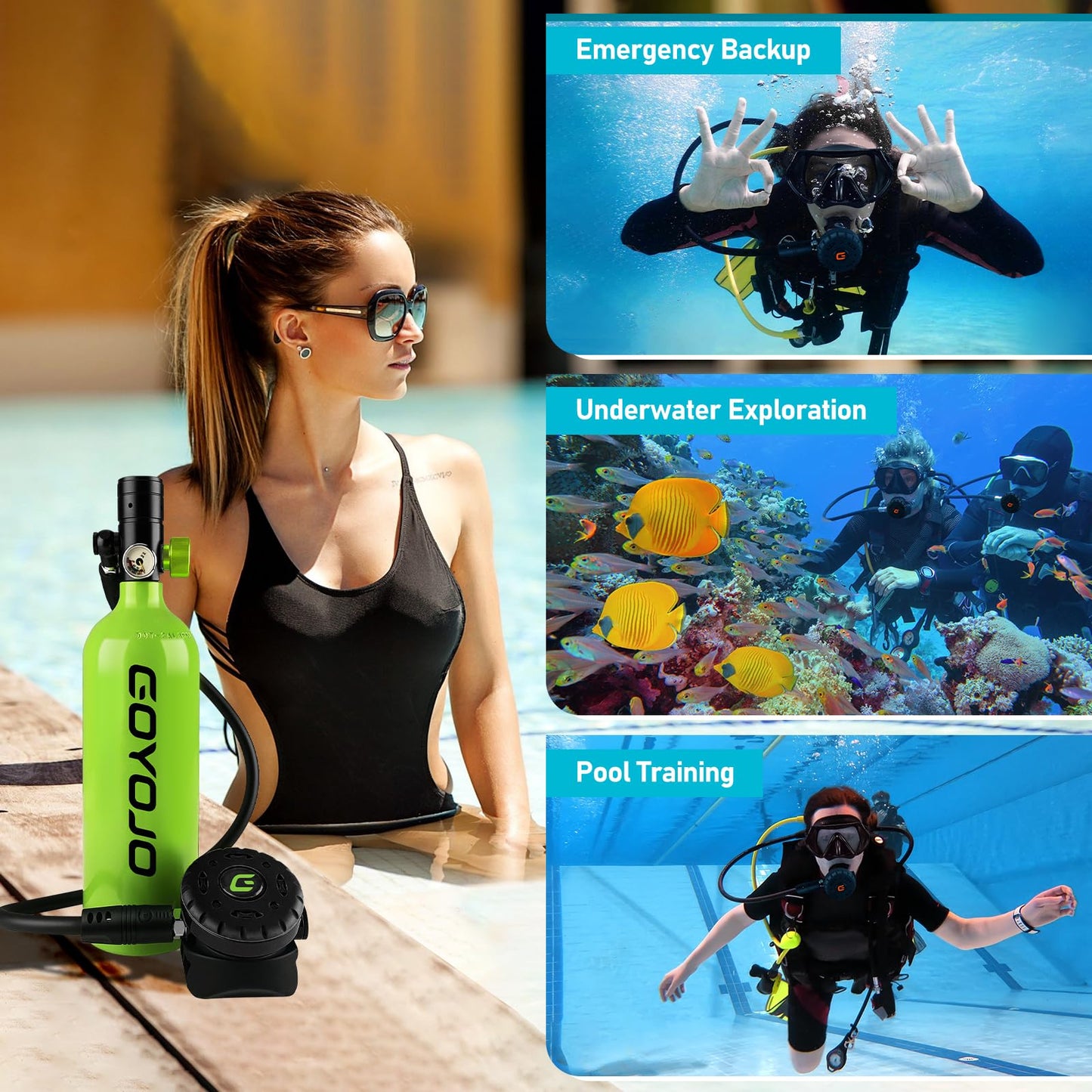 GOYOJO 1L Mini Scuba Tank with Mask – DOT Certified Portable Diving Air Tank, 3000 PSI Max Pressure, Pony Bottle Underwater Breathing Device for Snorkeling & Scuba Diving (Green)