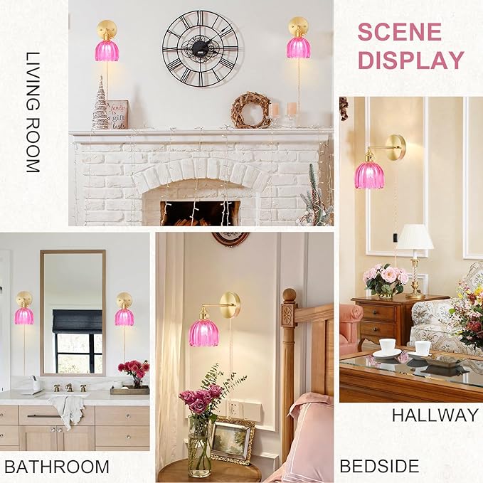 Plug in Wall Sconces Set of 2, Vintage Wall Sconce Light with Tulip Ruby Red Glass Lampshade, 180° Adjustable Wall Sconce with Switch and Plug in wall lamp Cord, Gold Wall Light Wall Decor Set of 2