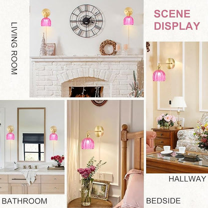 Plug in Wall Sconces Set of 2, Vintage Wall Sconce Light with Tulip Ruby Red Glass Lampshade, 180° Adjustable Wall Sconce with Switch and Plug in wall lamp Cord, Gold Wall Light Wall Decor Set of 2