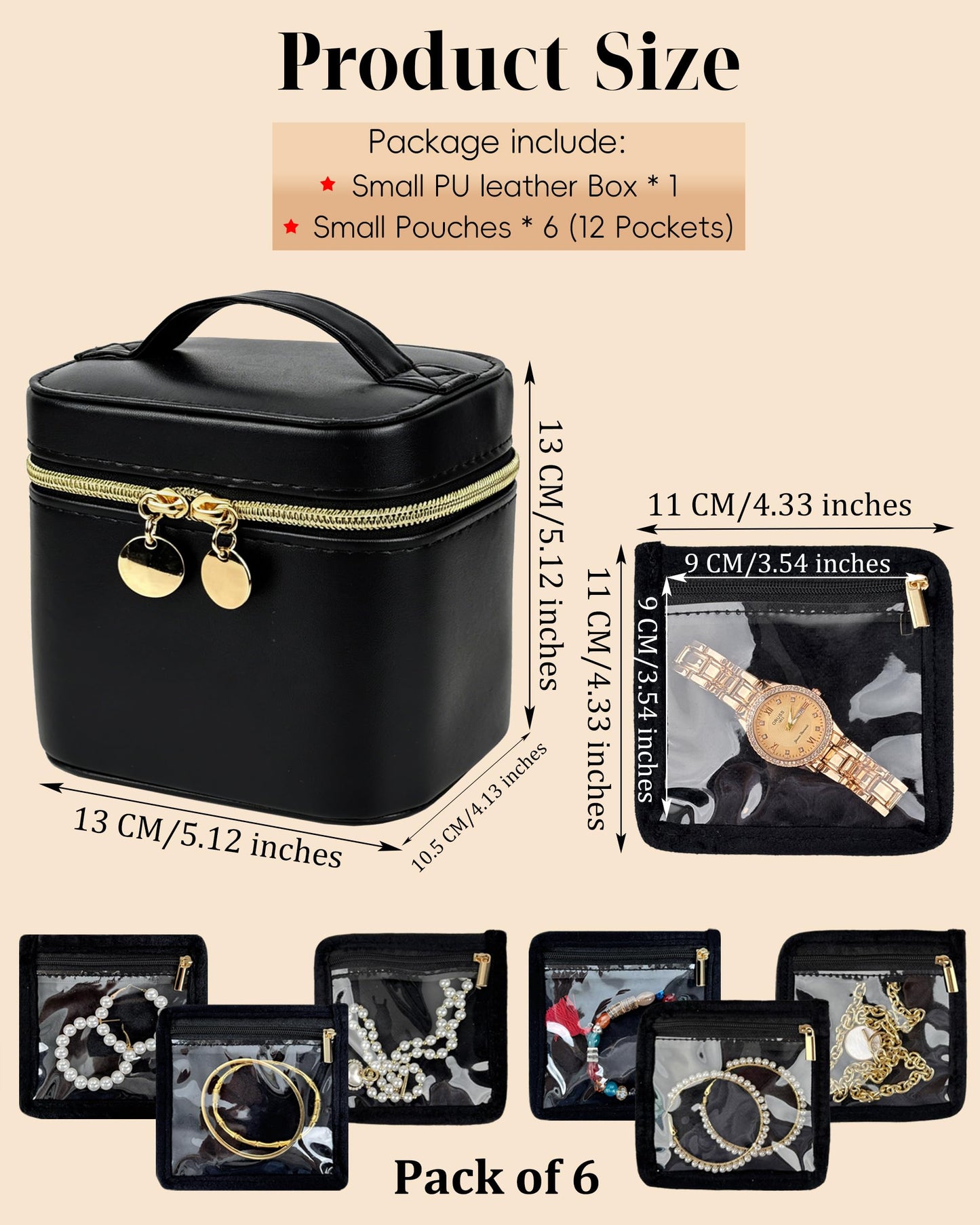 LingLingo Travel Jewelry Organizer, PU Leather Small Hard-shell Jewelry Box with 6 Velvet Pouches for Earrings Rings Necklace Bracelet Watch, Compact Jewelry Travel Case for Women Gift