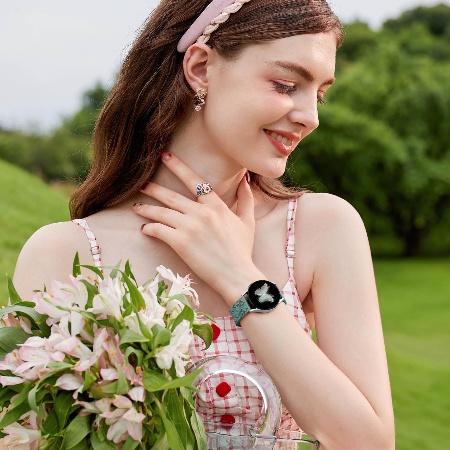 SNBLK Floral Engraved Bands Compatible with Samsung Galaxy Watch 7 Band 6 5 4 Active 2 40mm 44mm/5 Pro/Watch 6/4 Classic, 6Pack 20mm Cute Flower Soft Silicone Sport Strap for Samsung Watch Bands Women