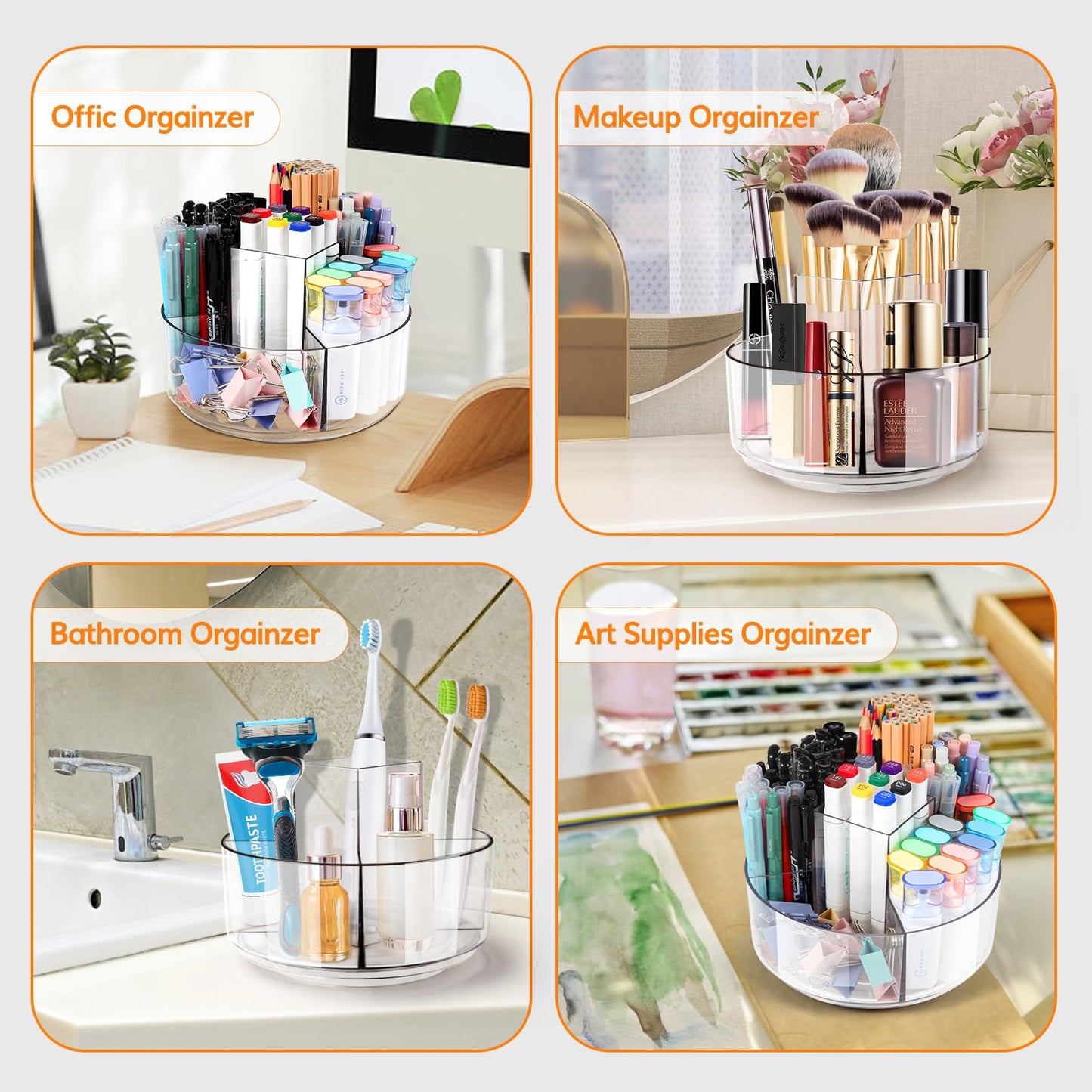 Hiborateed Rotating Pencil Holder for Desk, 5 Slots 360-Degree Spinning Acrylic Pen Holder for Desk, Marker Holder Caddy Art Supply Organizer Pen Organizer for Office Home School