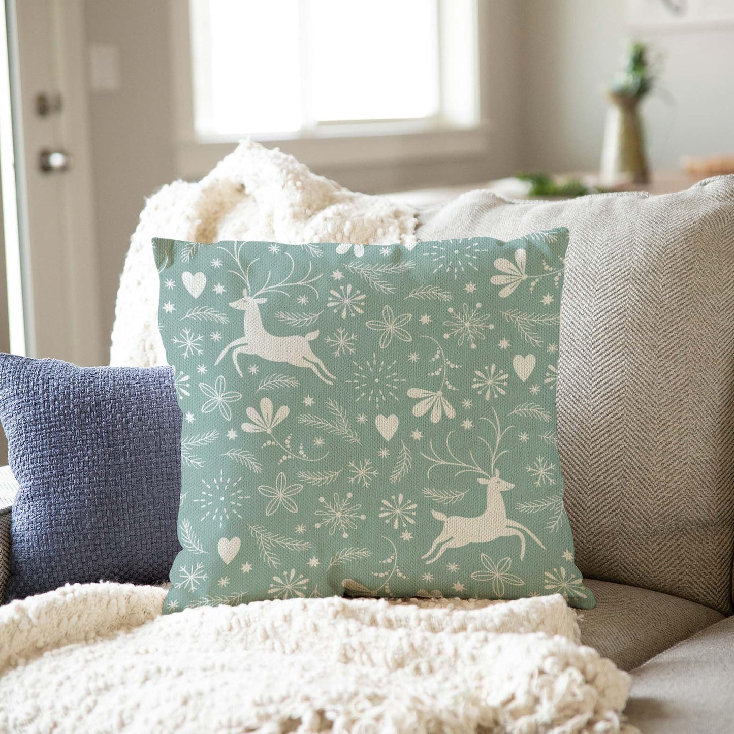 Jiaopenyou Throw Pillow Cover 20x20 Inch,Happy Christmas Tree Antlers Winter Snowflakes Throw Pillow Case,Home Decor Cushion Covers for Sofa Living Room Couch Bed
