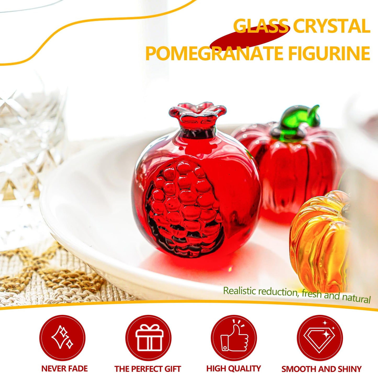 KRISININE Crystal Pomegranate Figurine Glass Pomegranate Artificial Fruit Paperweight for Home Office Tabletop Decor