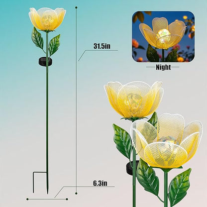 Flower Solar Lights for Outside,2 Pack Metal Flower Solar Lights for Outside,Tulip Solar Powered Garden Light Outdoor Decor,Housewarming Ornament for Patio, Lawn, Yard, Pathway (Breathing Light)