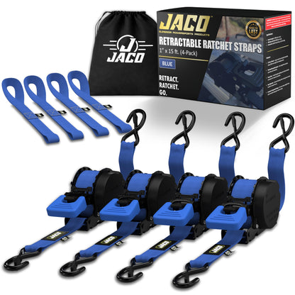 JACO Retractable Ratchet Straps - 1 in x 15 ft (4-Pack) (1,760lbs Break Strength) | Auto Self Retracting Cargo Tie Down Strap Set (Blue)