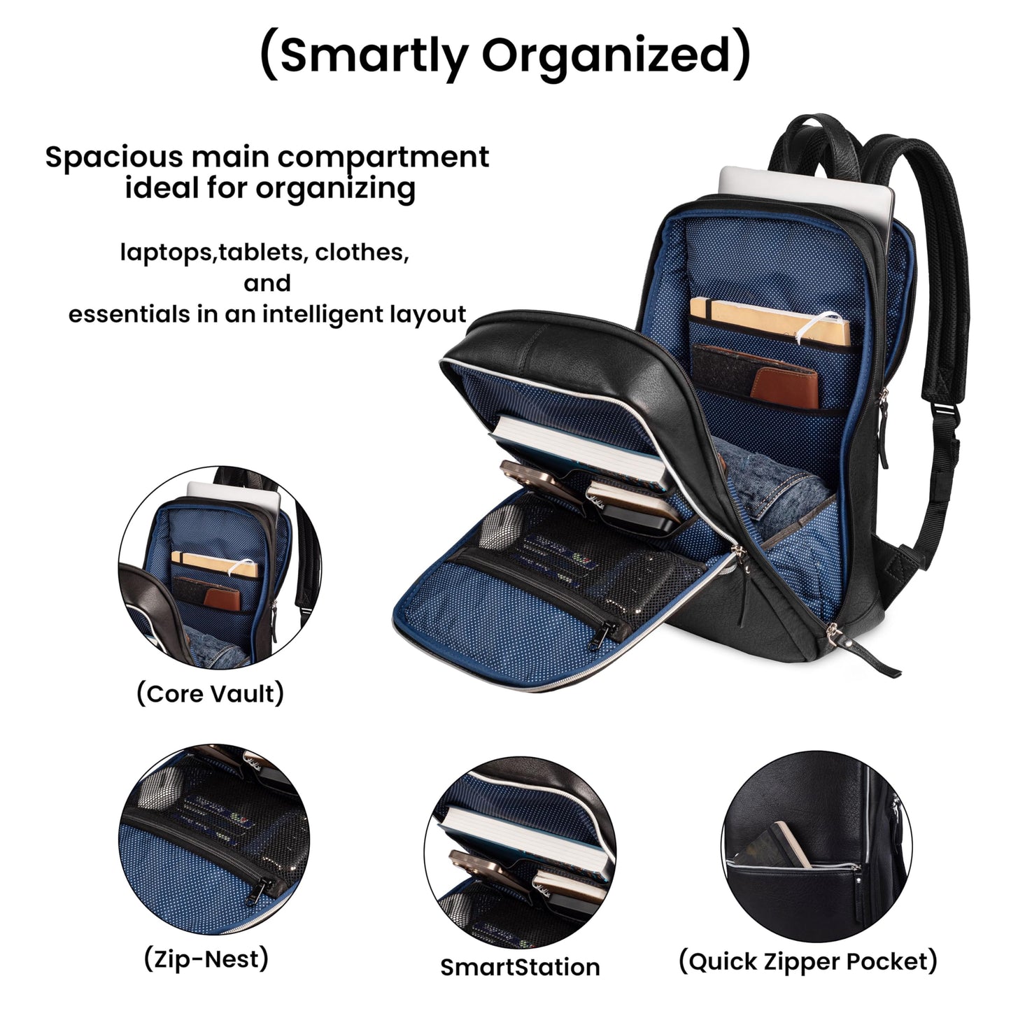 LEATHER VILLAGE Leather Laptop Backpack for Men | Black | Slim Professional Business Bag Fits 15.6”-Laptop | Water-Repellent Work & Travel Daypack with Trolley Strap