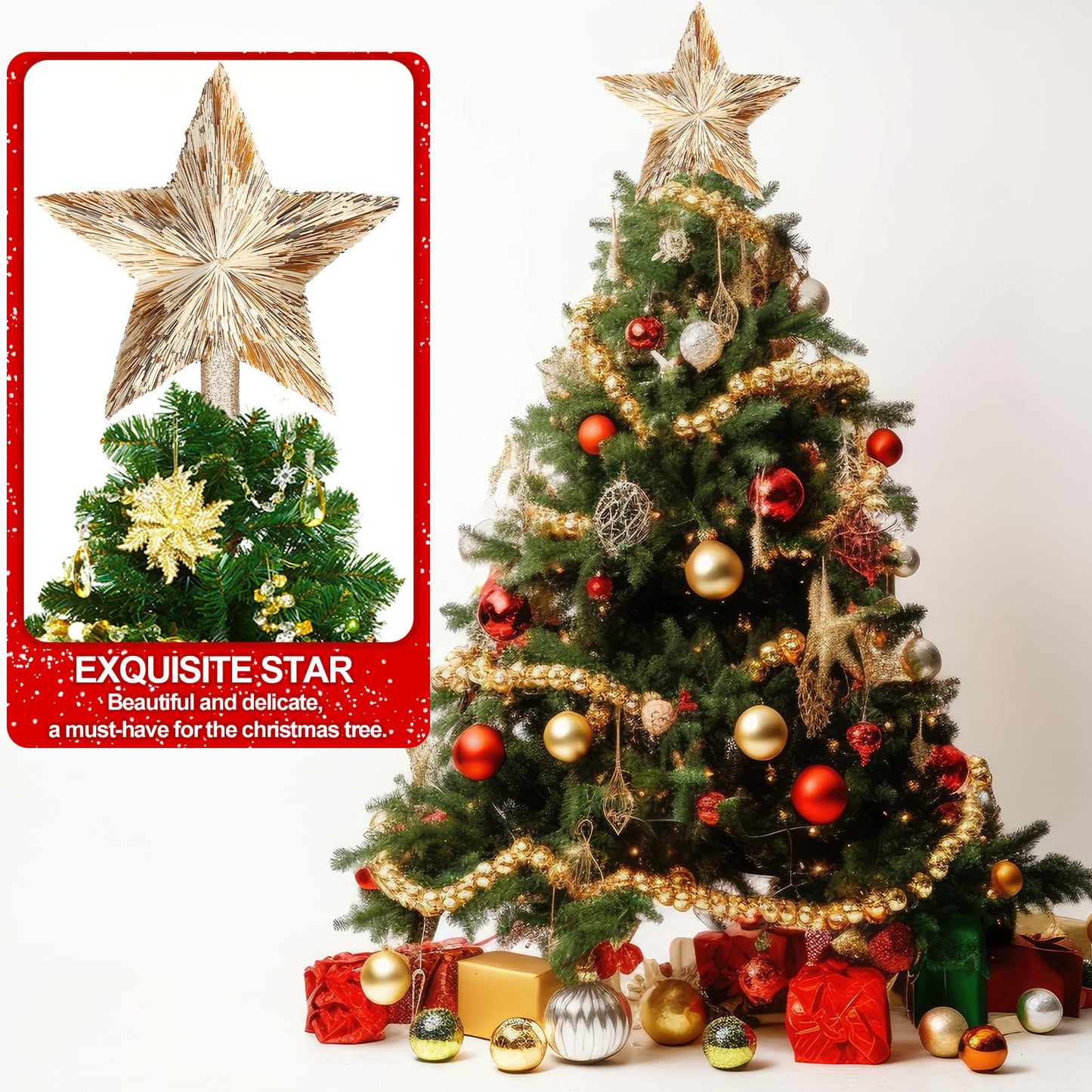 Gejoy 8.6 Inch Christmas Star Tree Topper Champagne Gold Star Tree Topper Glitter Xmas Tree Top Ornament Estrella para Arbol De Navidad for Christmas Tree Decorations Xmas Party Home Office Decor