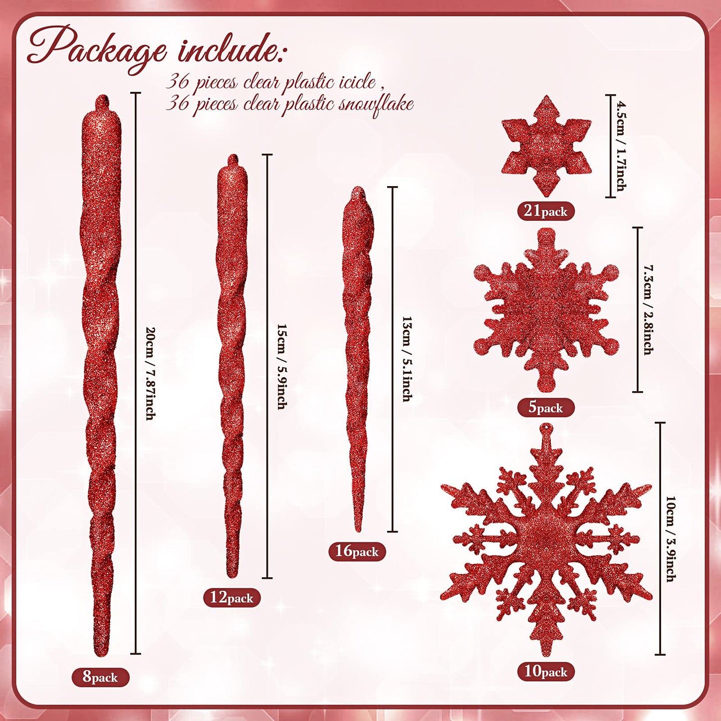 Chuangdi 72 Pcs Snowflake Icicle Ornaments for Christmas Tree Twisted Glitter Icicles Acrylic Hanging Drop Decoration for Winter Xmas Holiday Party New Year Outdoor Supplies(Red)