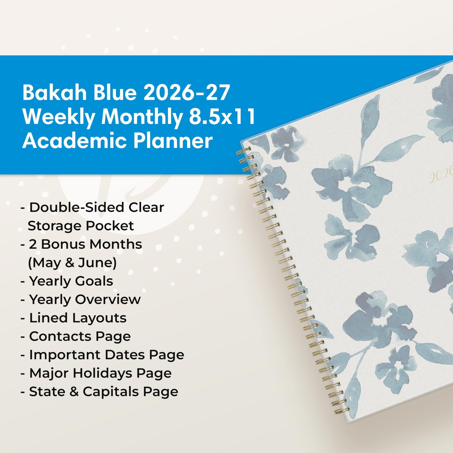 Blue Sky 2026-2027 Weekly and Monthly Academic Year Planner Calendar, July 2026 - June 2027, 8.5" x 11", Flexible Cover, Wirebound, Storage Pocket, Bakah Blue