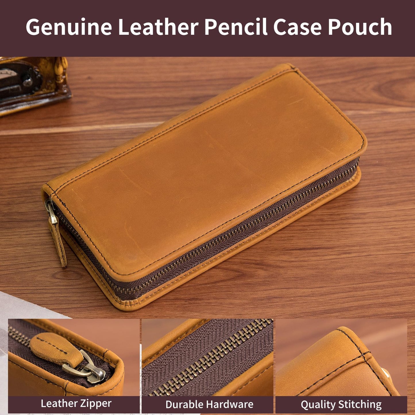 Geslun Genuine Leather Fountain Pen Case - Zippered Ballpoint Pen Pouch Bag with 4 Loops Holder, Inside Open Slot, Handmade Soft Cowhide, Vintage Stationery Gift for Men and Women, Brown