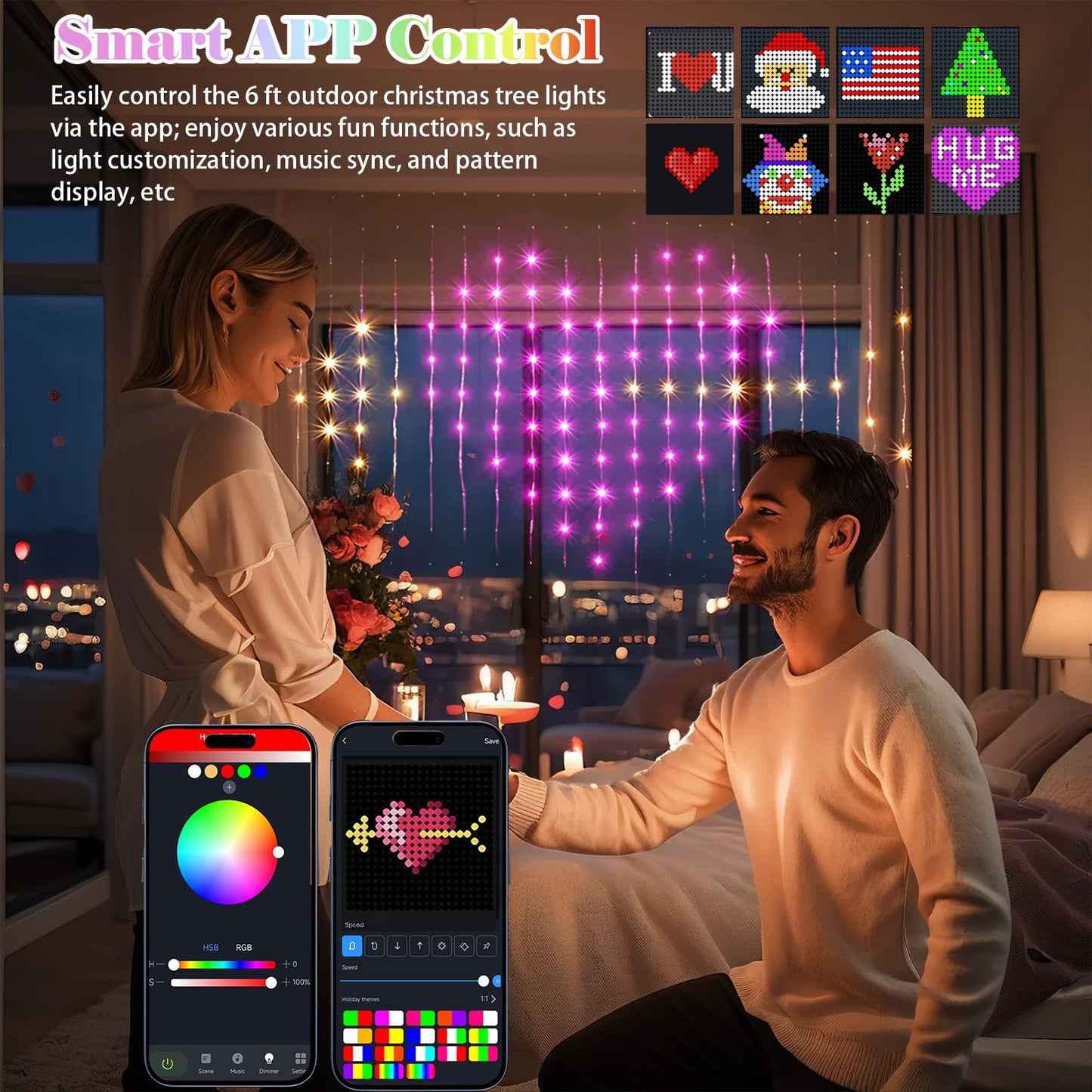 Wonder Solar Curtain Lights DIY LED Decorations Outdoor Smart String Lights 540 LEDs Valentine's Day DIY Lighting Modes Decorative Curtain Lights for Yard, Patio, Party Wedding Yard Home 6.5FT*5FT