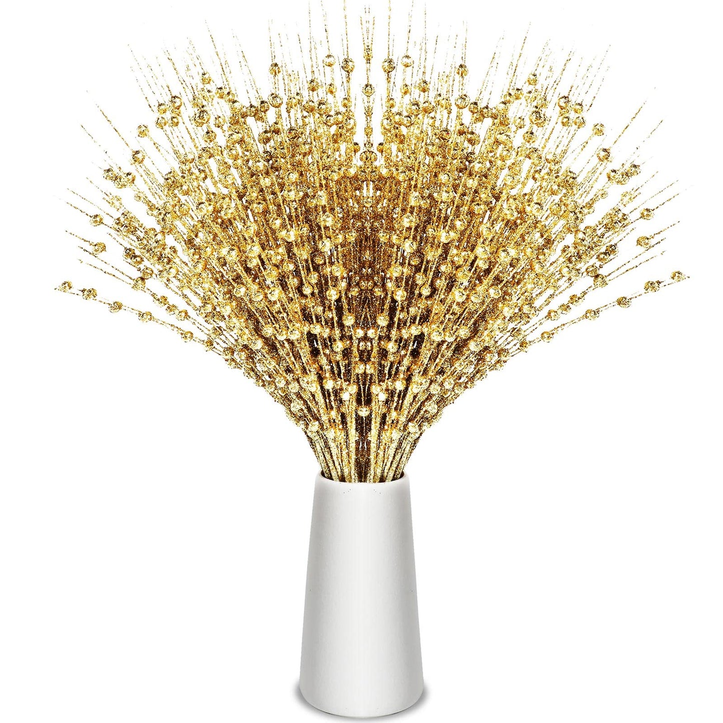 Geosar 30 Pcs Artificial Glitter Berry Stem Decorations 17 Inch Faux Stick Floral Pick Centerpiece Bouquet Flower Bead Twigs for Centerpiece Tree Wreath Ornaments Home(Gold)